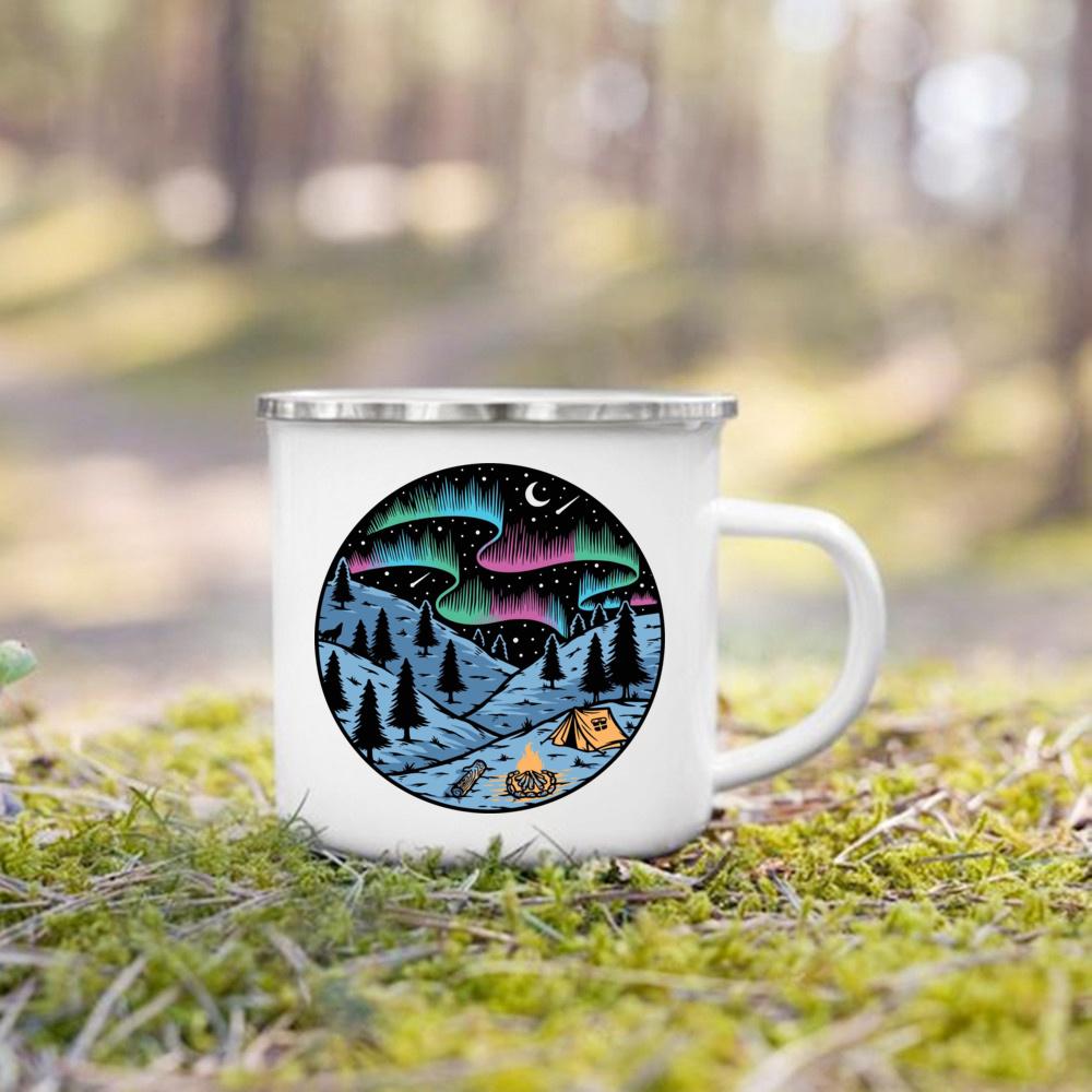 And So The Adventure Begind Printed Mug Campfire Party Beer Coffee Mugs Camping Enamel Cup Mountain Handle Cups Gifts for Camper