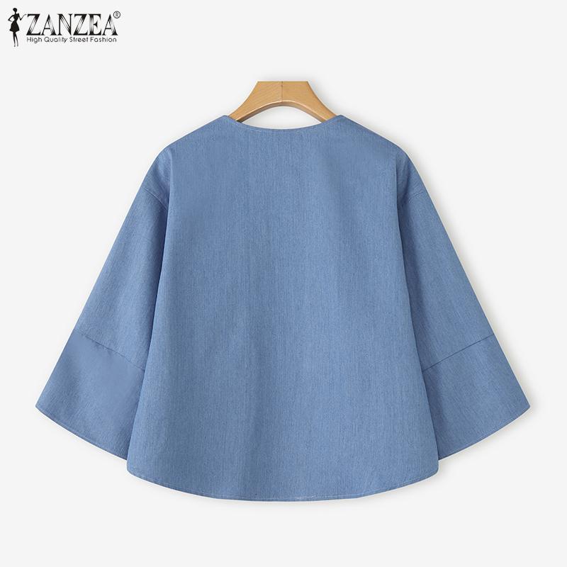 ZANZEA Bluză de damă casual cu gât rotund, mâneci 3/4 largi, uni