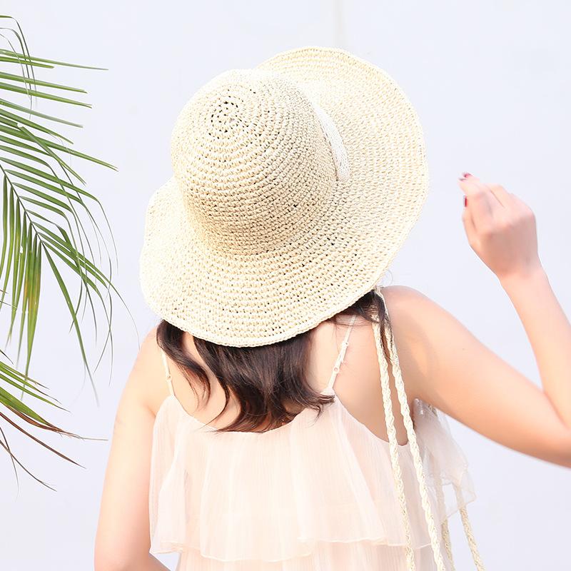 Foldable tether handmade crochet straw hat children summer sun protection bucket hat beach vacation shade basin hat