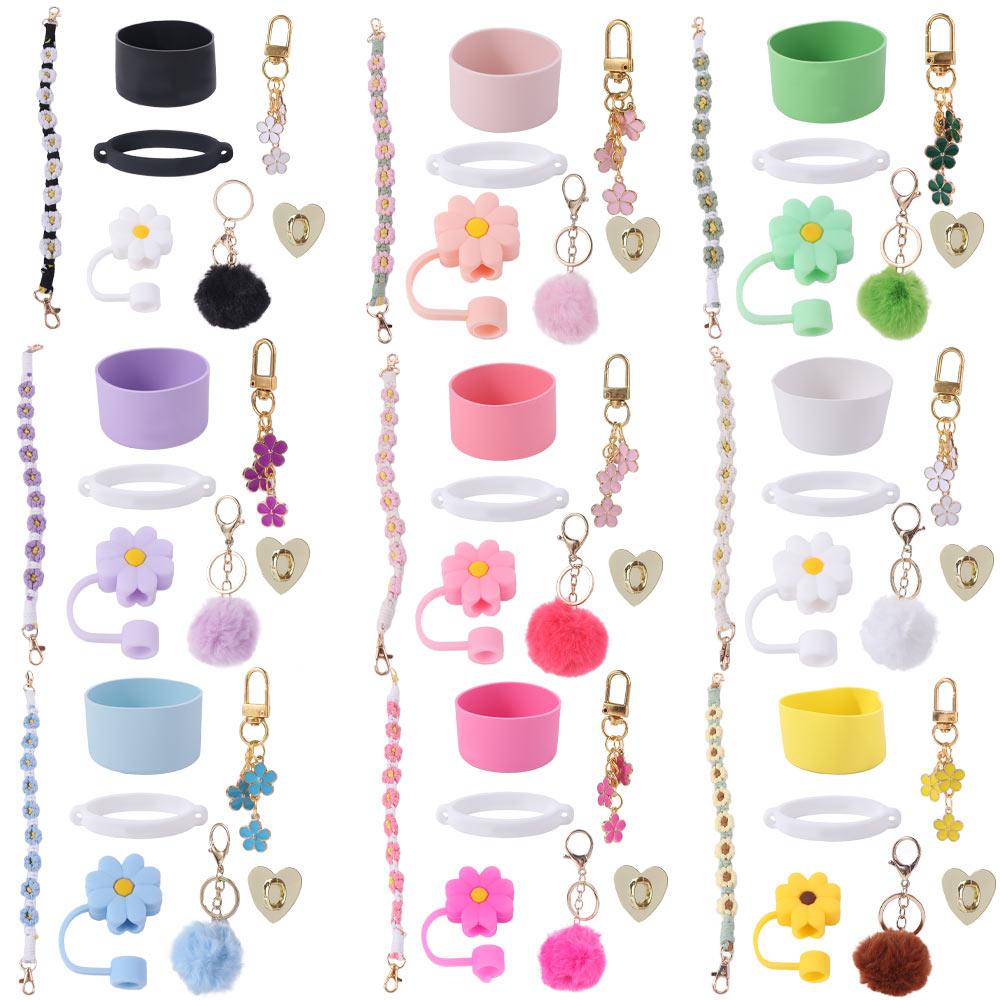 7pcs/set Flower Pattern Water Bottle Chain Pendant Set Multiple Color Cup Decoration Set  Girl