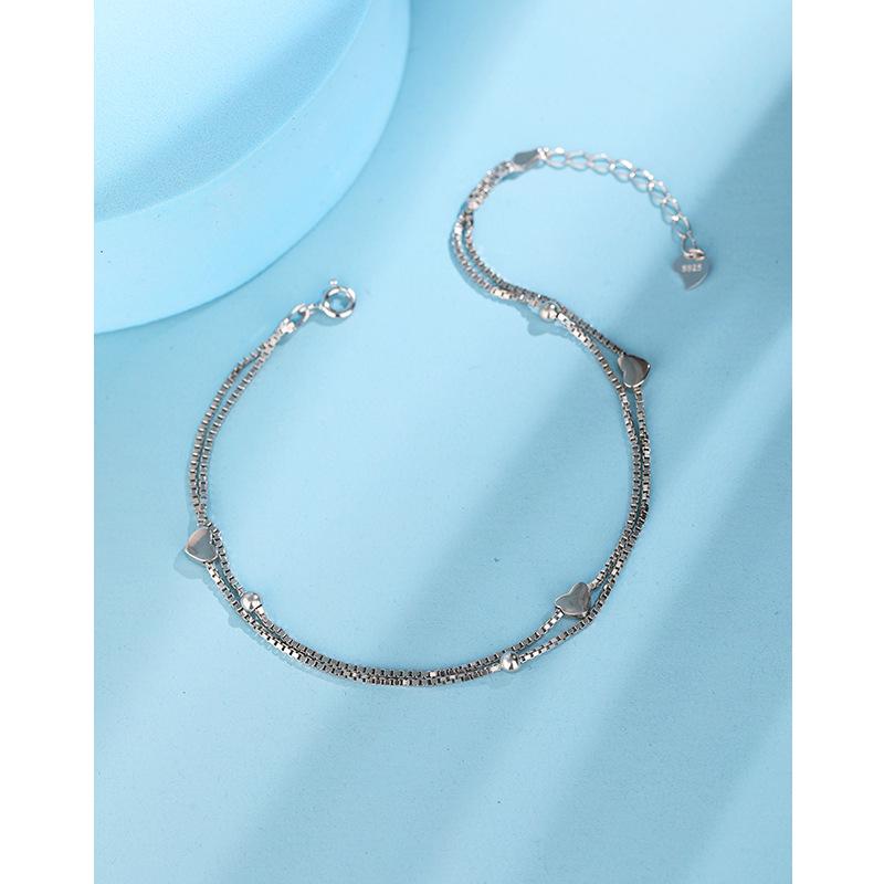 

Korean Style 925 Sterling Silver Double Layer Heart Anklet - Simple, Elegant Beach Jewelry for Women 925 Silver