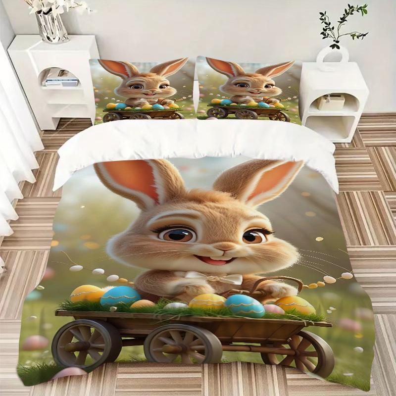3pcs Easter Bunny Bedding Set - Includes One Quilt Cover and Two Pillowcases (No Core) - Festive Gift for Bedroom Decor - Polyester Fabric -
