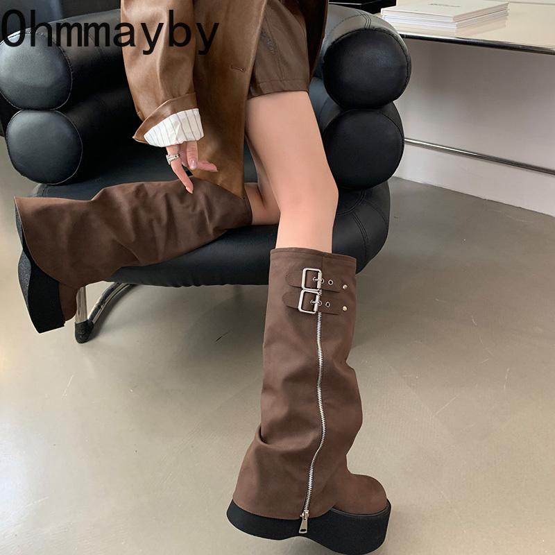 Punk Style Women Knee High Boots Designer Belt Buckle Platform Heel Shoes Autumn Winter Long Booties