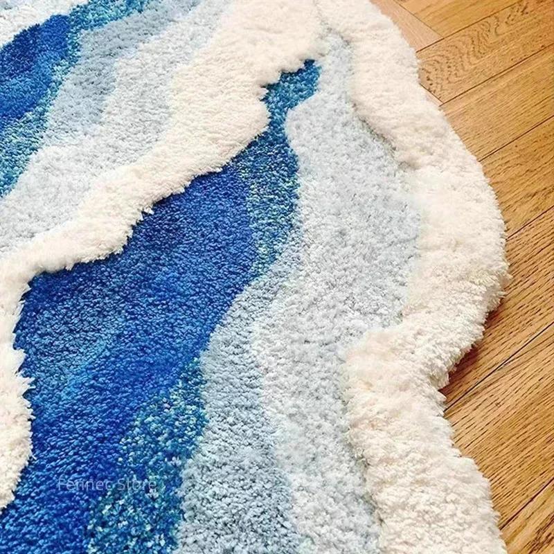 Thick Flocking Ocean Wave Rug Non Slip Rubber Back Washable Acrylic Floor Mat For Bedroom Bathroom Beach House Decor
