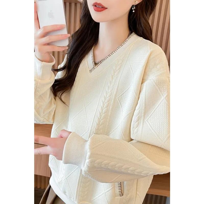 Women's Sweatshirt Autumn New Style Loose Solid Color Jacquard Niche Design Thin Style Versatile Trendy