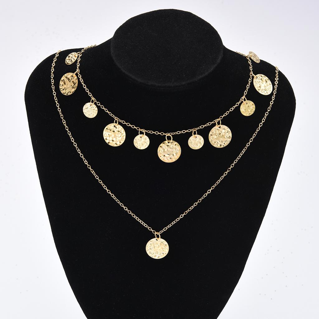 2Pcs Gold Color Textured Coin Fringe Tiered Necklace Set Chunky Disc Pendant Layered Choker Fashion Y-Necklace for Party Gifts
