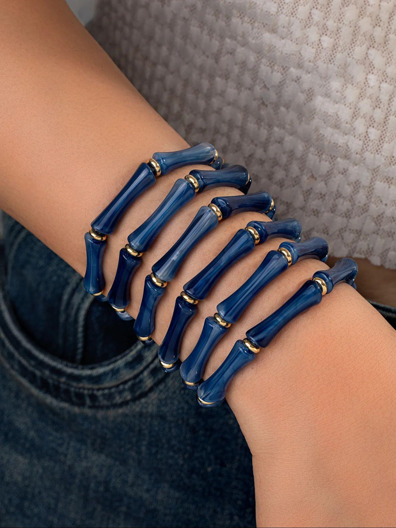 

New Chinese-style Bamboo-joint Bracelet Set, Luxury Navy Blue Resin Bracelet, Niche High-end Stackable Hand Jewelry
