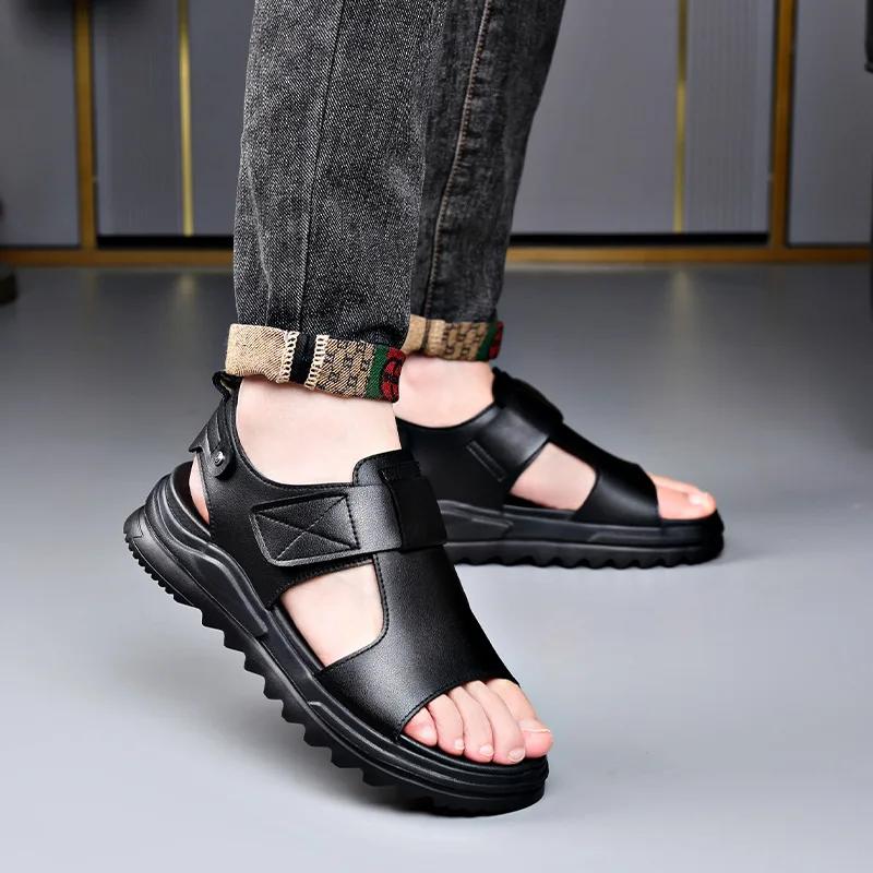 Cow Leather Men's Sandals 2025 Summer New Designer Soft Sole Casual Beach Shoes Male Black Platform Sandals Man