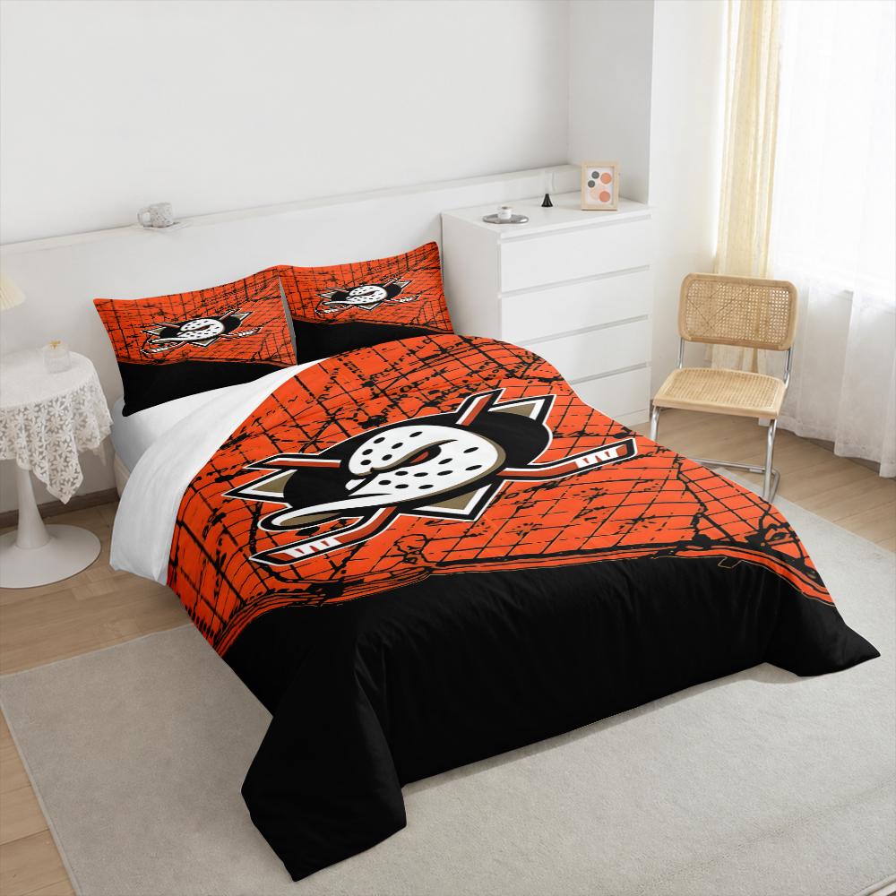 3 Piece Bedding Set Anaheim Ducks NHL Hockey Mask Logo Orange Map Print Duvet Cover for Men Fan Gift