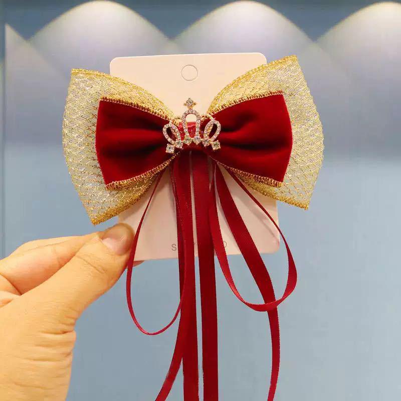 Girls' Bun Hairstyle Red Bow Hair Clip – Princess Headwear Accessory for Women & Children