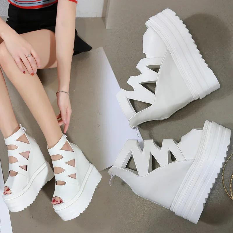 Summer Ultra High Heel Fish Mouth Sandals Wedges Thick Bottom Roman Women's Sandals 14 Cm Sexy High Heels Female Pumps