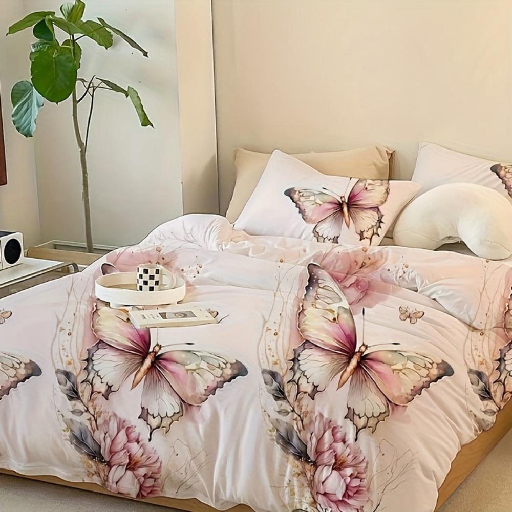 

3pcs Pink Bedding Set Butterfly Printed Cozy Duvet Cover Set King Queen Twin Single Size Birthday Gift Adult Girl Bedroom Decor EU Single 135x200cm