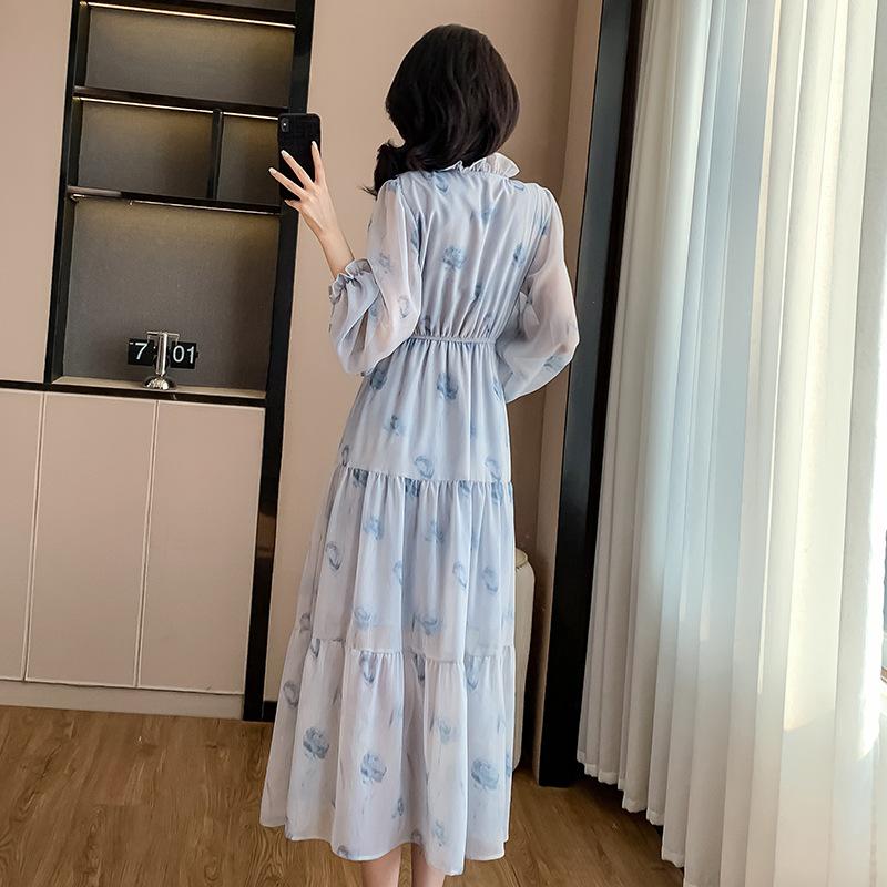 Spring French Luxury Long Chiffon Dress with Korean Ruffles and Elastic Waist for Women