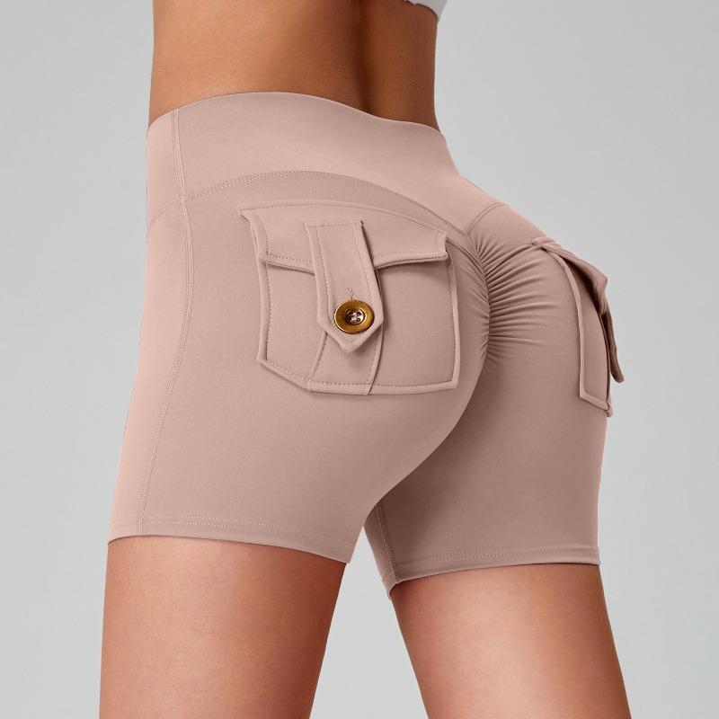 Dámské nákladní jógové šortky s vysokým pasem, design Broskvový zadek, kapsy, 3 body, Šortky na cvičení, Pocit nahoty, Vysoce elastické, Rychleschnoucí, Běžecké šortky
