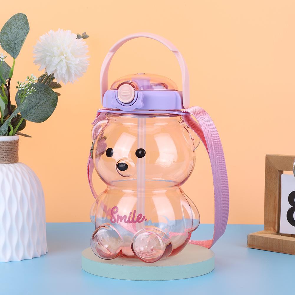 1000/1400ml Bear Water Bottle with Shoulder Strap Cute Bear Drinking Bottle Leak-Proof Travel Straw Cup for Boys Girls Daily Use