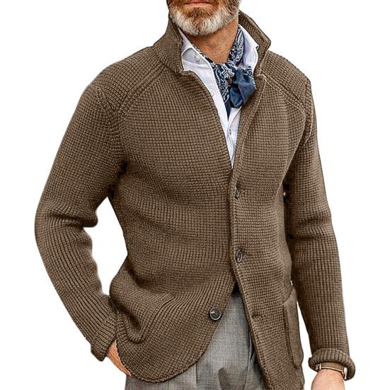 Stand Collar Long Sleeve Pockets Thickened Sweater Coat Men Autumn Winter Solid Color Buttons Placket Knitted Outerwear