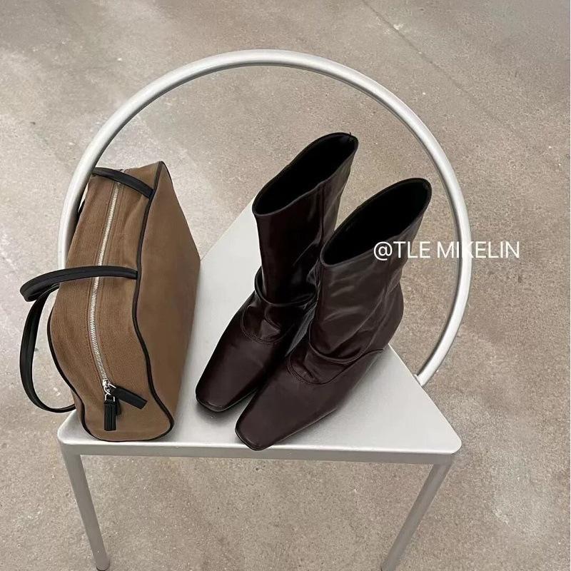 Autumn and winter fashionable slack pleated stacking boots simple square head inner height increase sleeve medium tube short boots