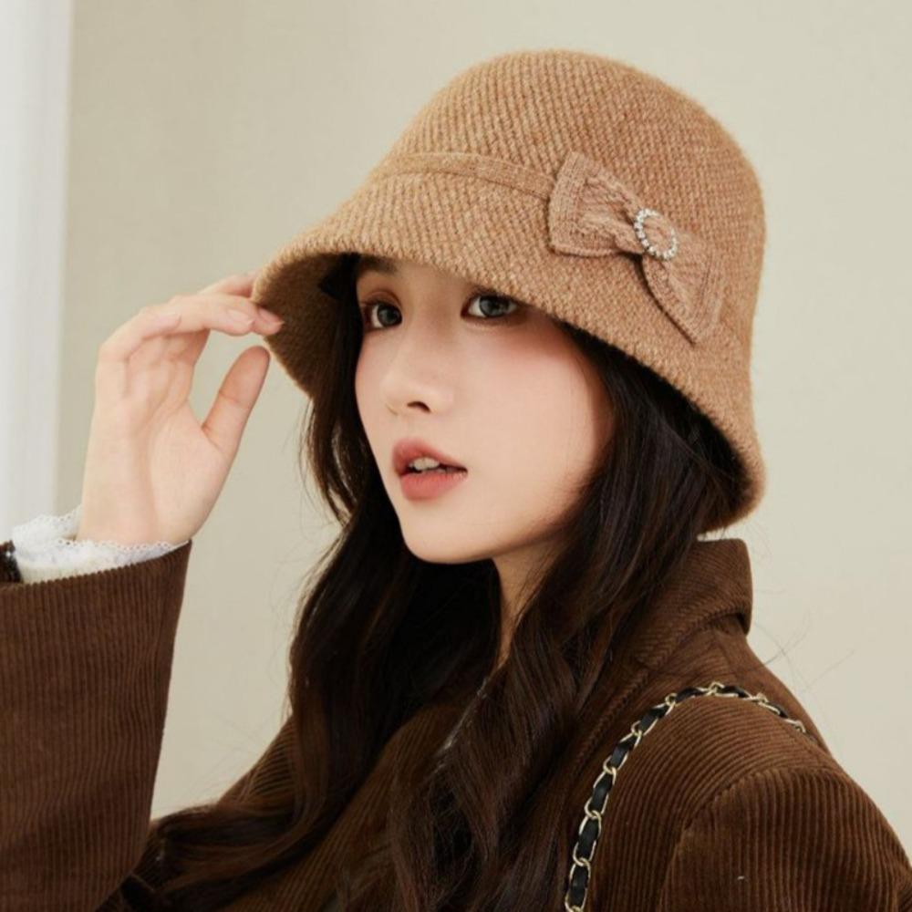 Elegant Bow Fisherman Hat Thickened Windproof Bucket Hat Solid Color Foldable Basin Caps