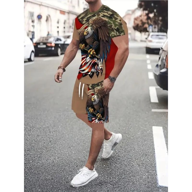 Hip Hop Style Personality Cartoon 3D Printed Men's Round Neck Short Sleeve 2 Fashionable Street Sports All-match Men's Suit