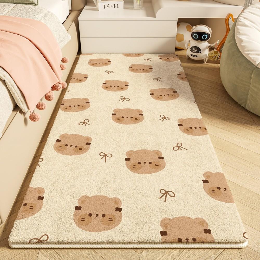 Bedroom Rug, Non-Slip Soft Puffy Carpet, Cartoon Cute Long Pile Bedside Mat for Bedroom & Living Room, Washable Plush