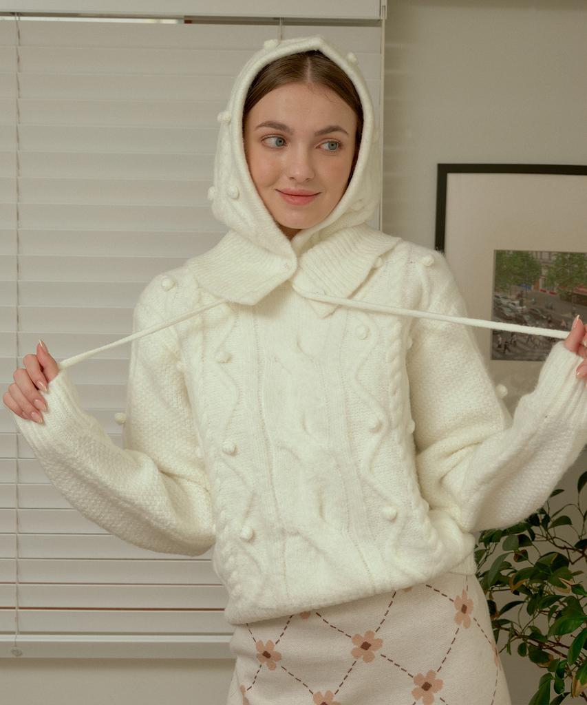 BIBYSEOB [Set] Fluffy Ball Wool Knit + Balaclava Ivory