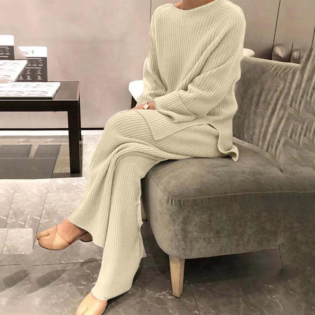 Damen-Set, einfarbig, gestrickt, langärmelig, Rundhals-Oberteil, elastische Hose, lässig, zweiteiliges Set, ohne Taschen