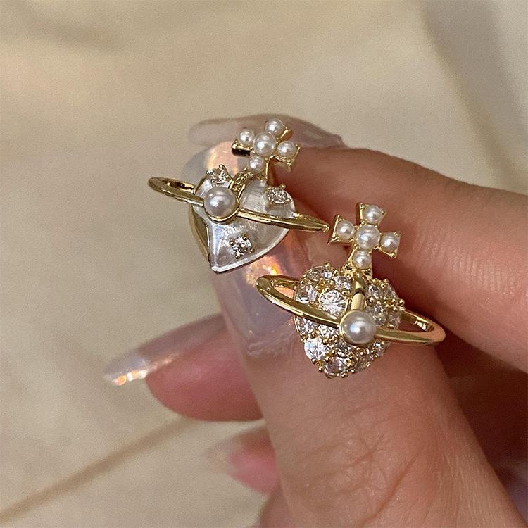 Elegant Zircon Pearl Planet Heart Stud Earrings for Women – A Personalized Design with Light Luxury Appeal