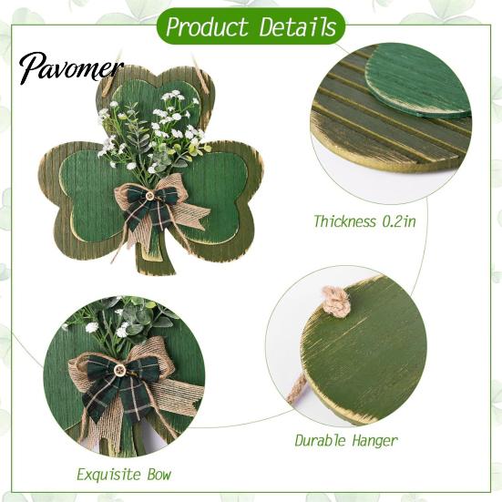 Irish Theme Porch Sign St. Patrick's Day Wooden Clover Door with Hemp Rope, Rustic Double Layer Shamrock Hanging Farmhouse Hanger Decor Artificial