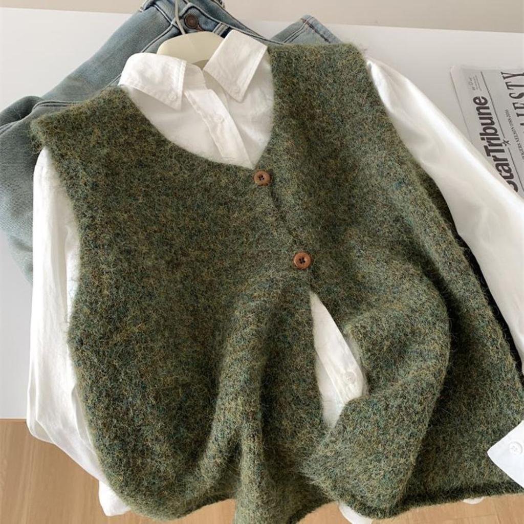 Letterario Vintage Stile Pigro Gilet Lavorato a Maglia a Due Bottoni da Donna Primavera Autunno Senza Maniche Spacco Gilet Maglione