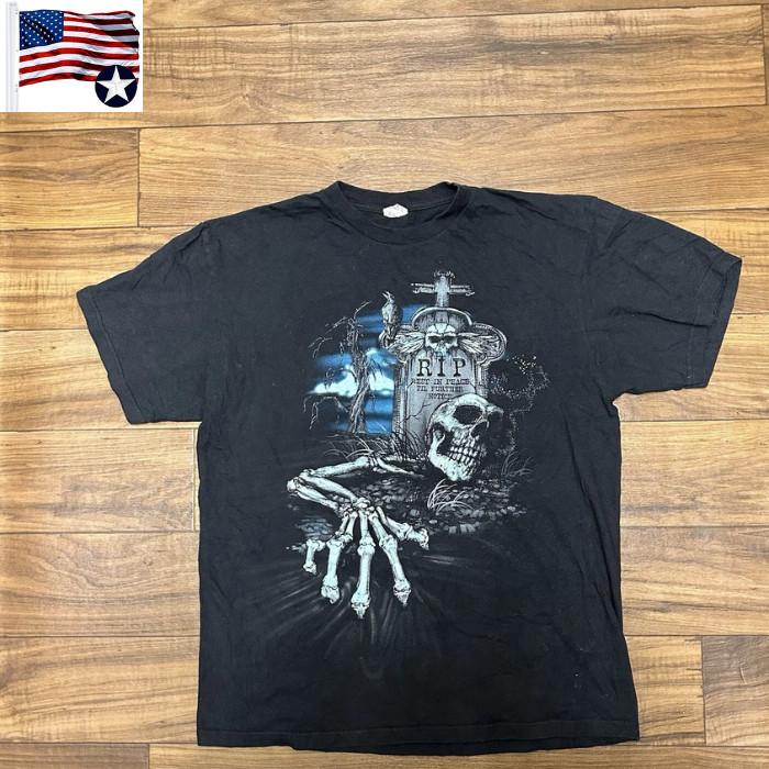

Y2K Skeleton RIP Grave Skulls Shirt Black Unisex T-Shirt L