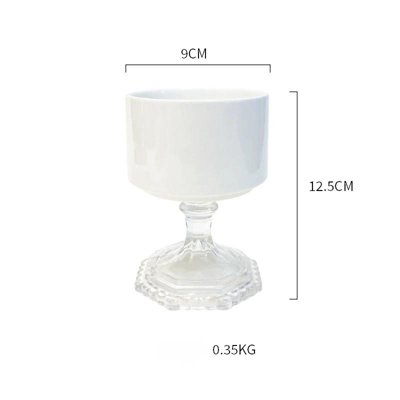 French Vintage Dessert Ice Cream Ceramic Goblet High-legged Retro Wooden Handle Tea Fruit Saucer Pudding Cup Candle Holder
