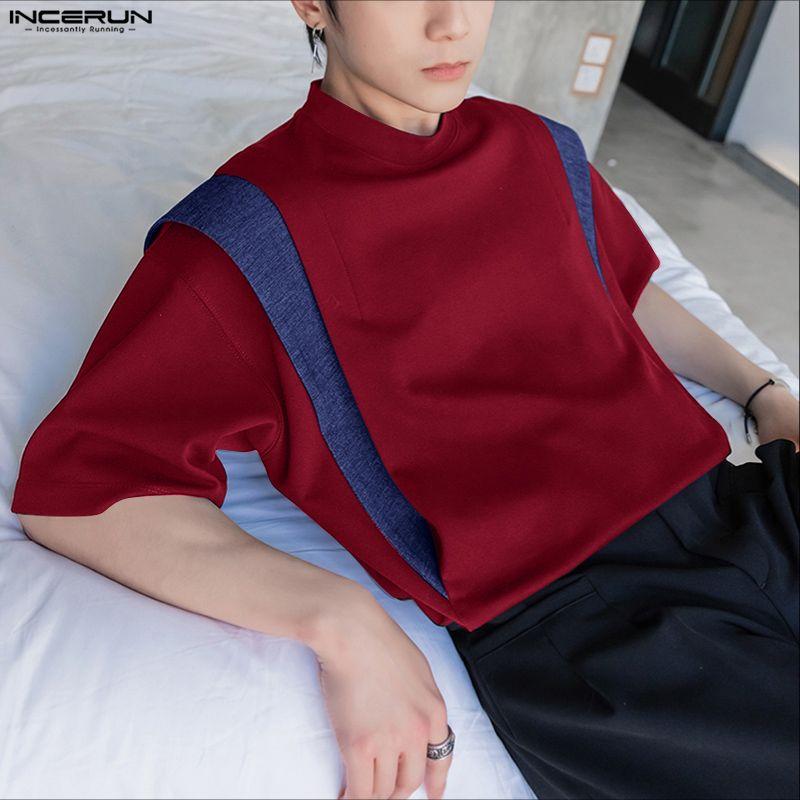 INCERUN Men Round Neck Short Sleeve Patchwork Oversized T-Shirts Tops