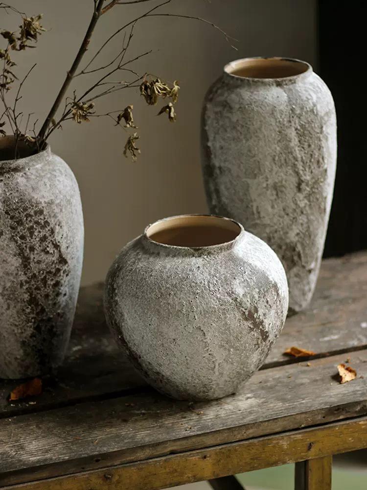 Wabi-Sabi Retro Chinese Ceramic Jar: Distressed Decorative Vase for Entrance, TV Cabinet, or Flower Arrangement.