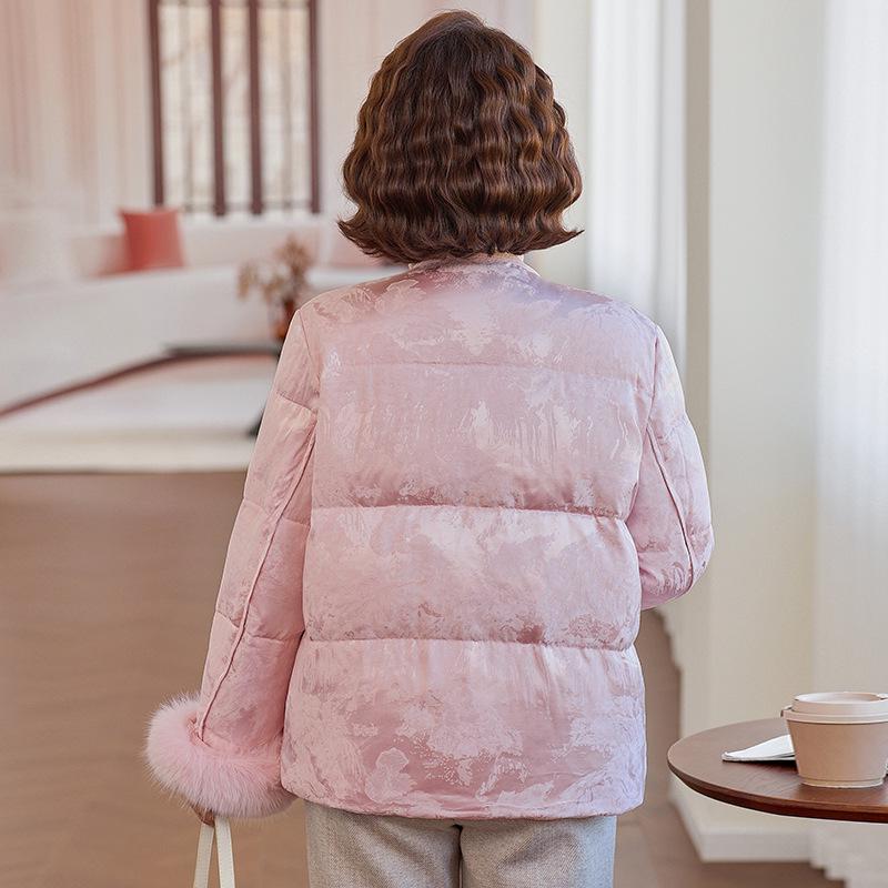 Women's Winter 2025 Jacquard Fox Fur Down Jacket - Short, Round Neck, White Duck Down, New Chinese Style Mother's Coat