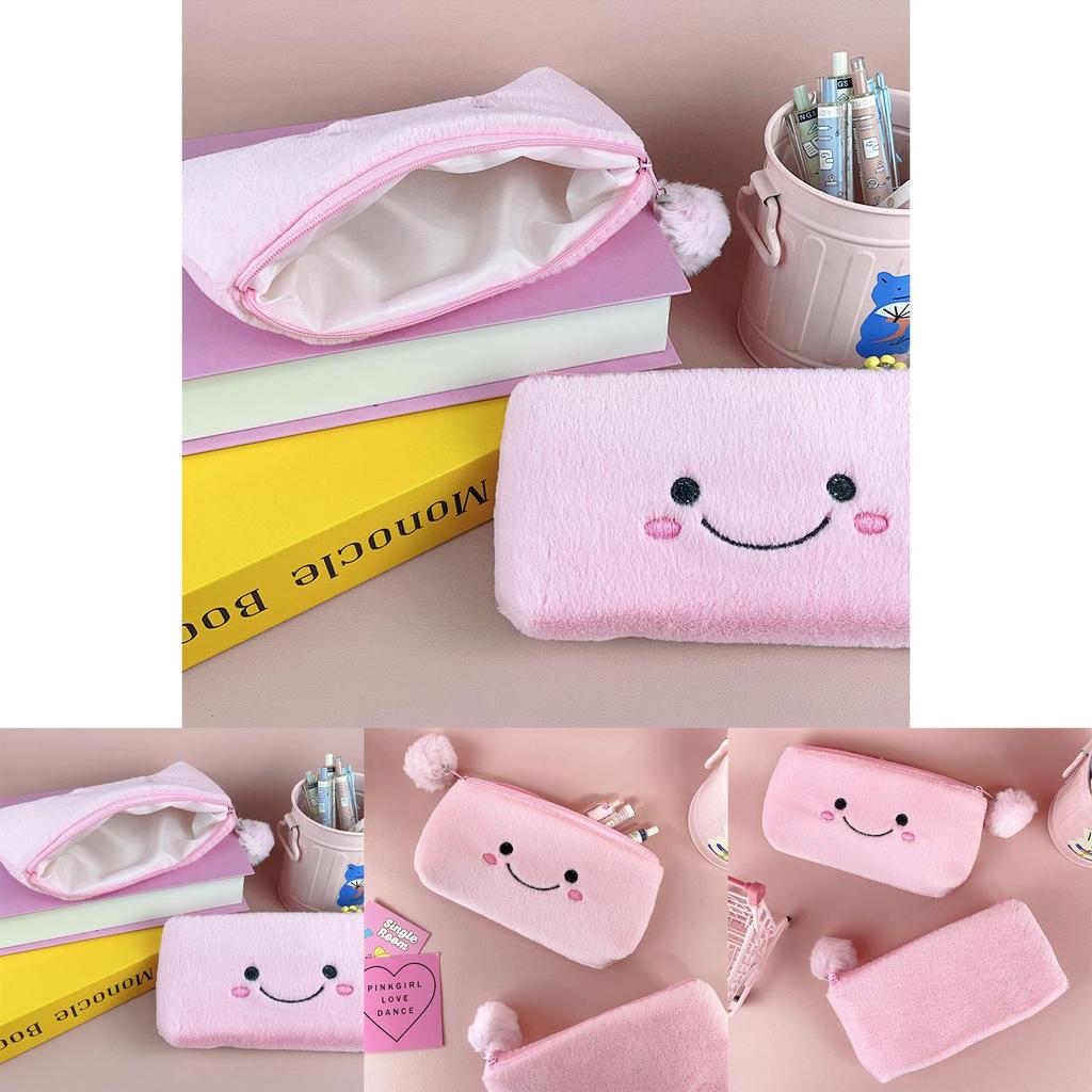 Pink Smiling Cute Pom Large Capacity Pencil Case Plush Storage Bag For Students