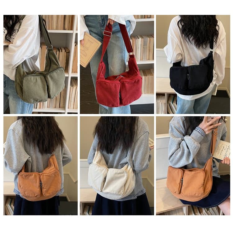 Washed Canvas Multi-pocket Messenger Bag Women's Shoulder Bag