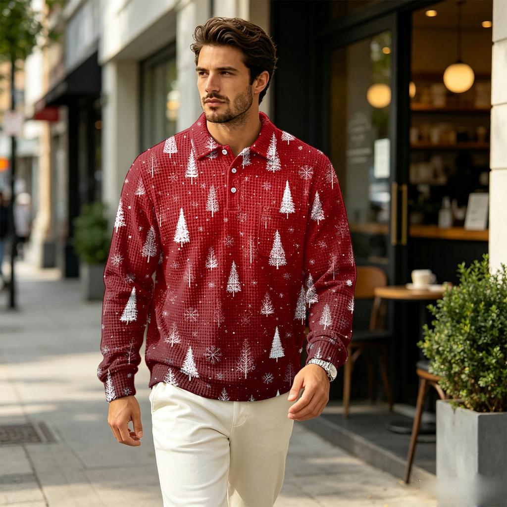 Men's Pullover Long Sleeve Collared Casual Top with Pocket for Fall Outdoor Christmas Print