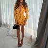Women's New Sexy Spice Girl Style Niche Floral Deep V-neck Long-sleeved Waist Ruffle Edge Slim Dress