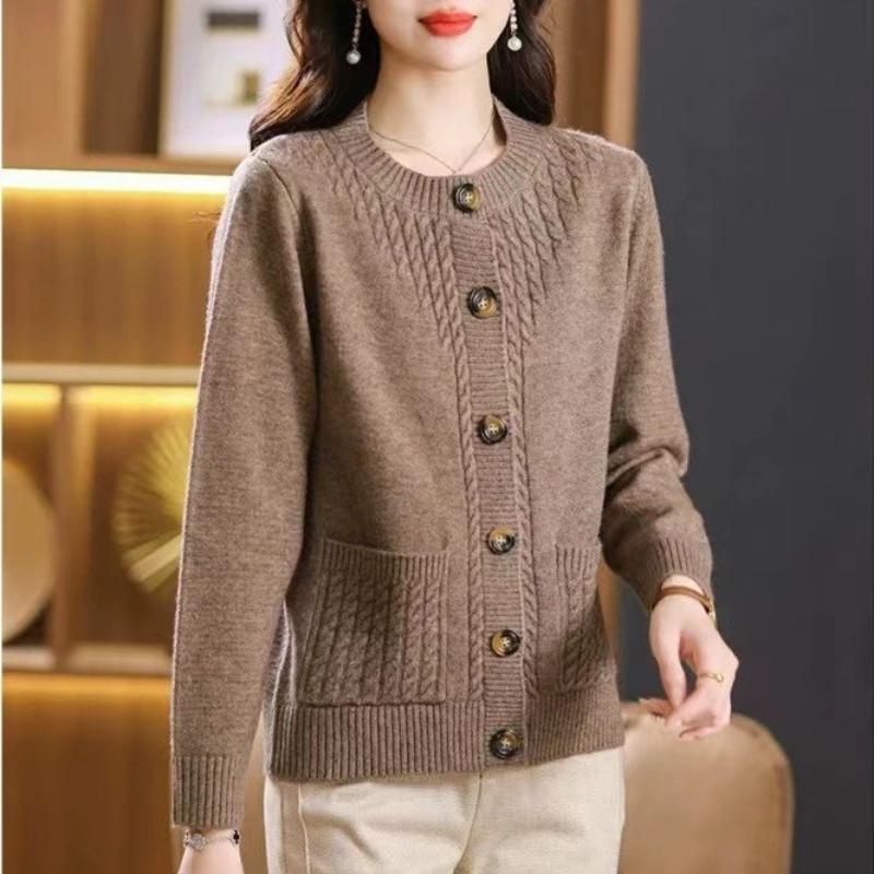 Kardigan s kulatým výstřihem a pleteným vzorem smažených koblih, dámský podzimní a zimní všestranný volný svetr s dlouhým rukávem