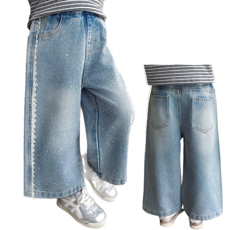 Girls' Rhinestone Lace Denim Pants - Spring/Autumn 2026: Stylish Wide-Leg Fashion for Little Girls