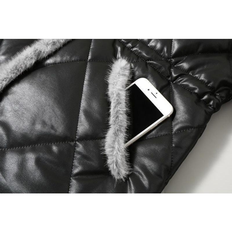 Women Winter Medium Long Stitching Leather Coat Stand-up Imitation Mink Fur Collar Cotton-Padded Jacket Temperament Warm Overcoat