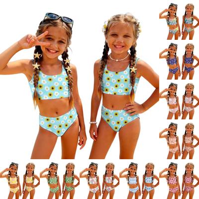 Girls Two Piece Swimsuit Set Floral Print Tankini Top and High Waist Bottoms Summer Beachwear Swimwear for Kids