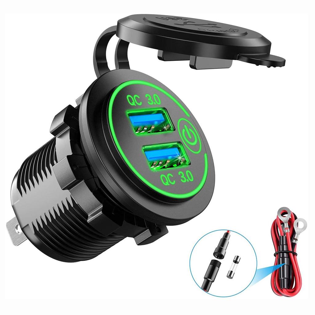 Waterproof 12V/24V Quick Charge 3.0 Dual USB Charger Socket with Touch Switch DIY Kit for Car,Golf Cart,Boat,RV,Motorcycle,Truck and More