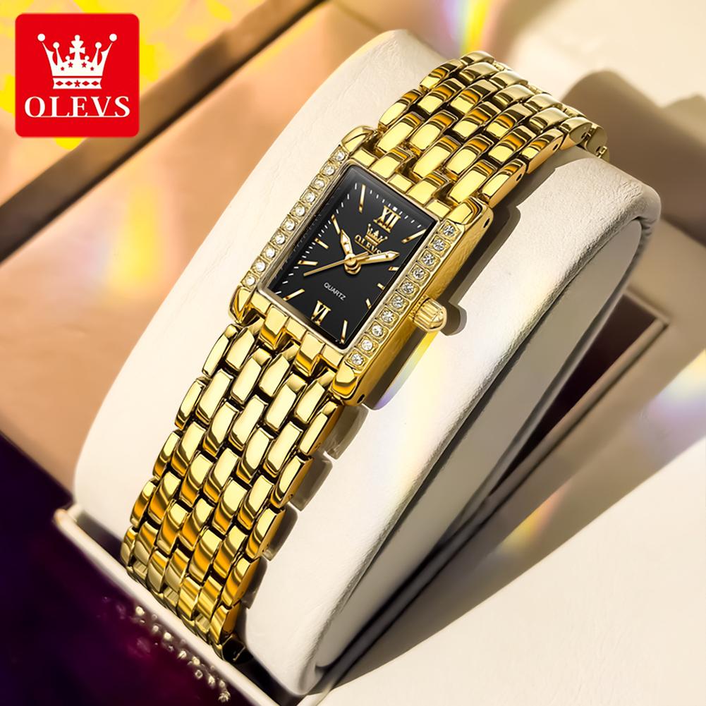 OLEVS Fashion Women's Watches Rectangular Dial Gold Stainless Steel Strap Quartz Watch Luxury Diamond Watch