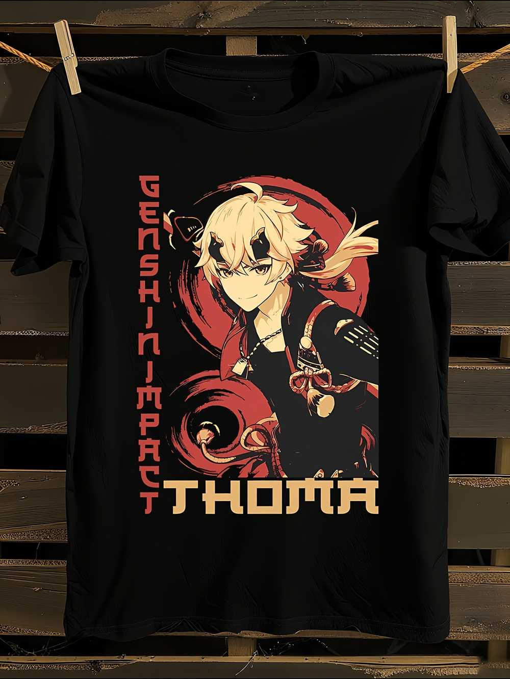 

s Genshin Impact Thoma Anime T-Shirt Mens Tshirt Womens Tshirts with Letters Print Short Sleeves T-Shirt Casual Street Tee Shirt Top S