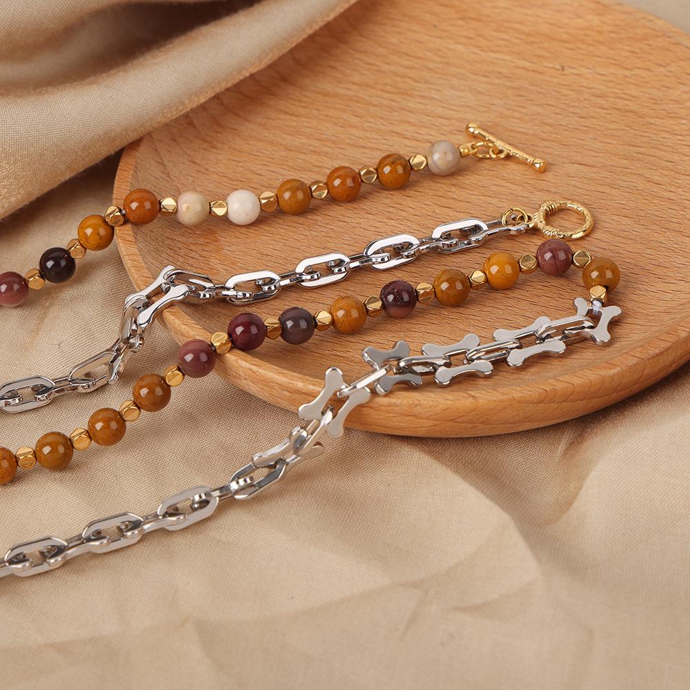 Natural Stone Beads Necklace For Women Handmade Beaded Splicing Stainless Steel Link Chain Chunky Necklaces Woman Jewelry