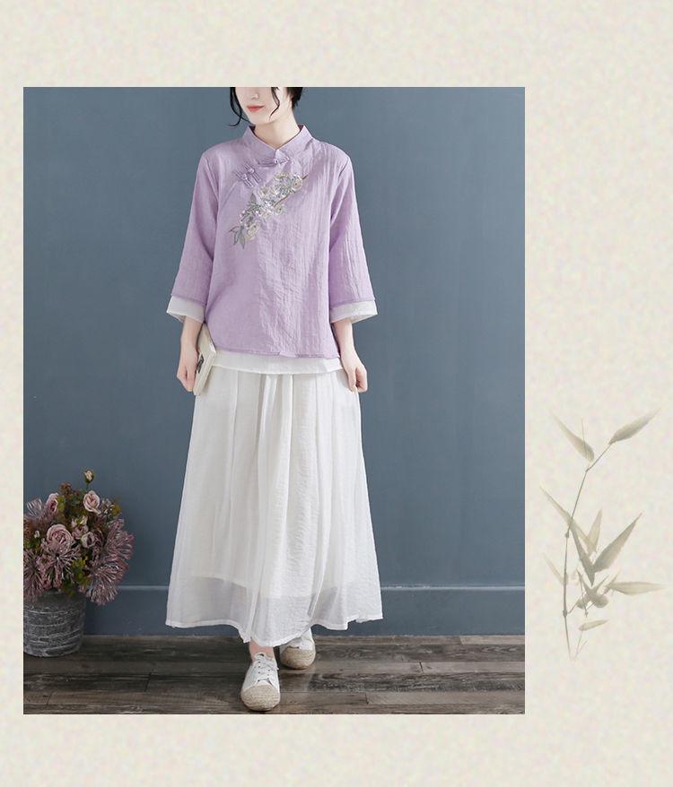 Damen Retro Baumwoll-Leinen-Hemd: Bestickt, Chinesischer Stil, Stehkragen, Dreiviertelärmel, Lockere Passform, Frühlings- & Sommeroberteile