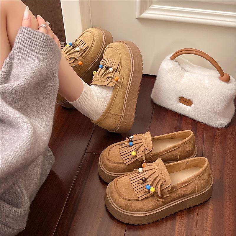 Thick-soled retro fringed beaded Birkenstock small single shoes for women's 2025 autumn new casual and comfortable one-pedal lazy single shoes
