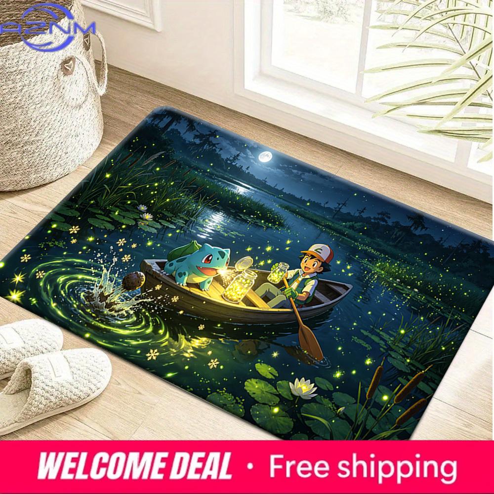 Ash Ketchum and Bulbasaur Night Boat Firefly Print Non-Slip Doormat Soft Floor Mat 40x60cm