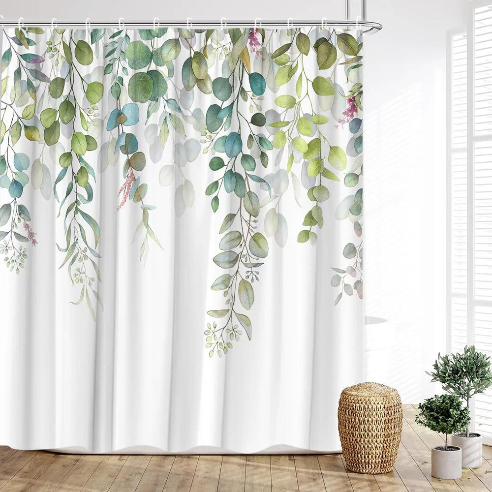 Sage Green Eucalyptus Shower Curtain, Watercolor Plant Floral Eucalyptus Leaves Fabric Shower Curtains Spring Bathroom Decor Set